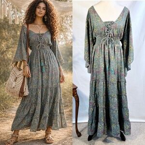 Anthropologie Boemo Paisley Smocked Tiered Tassel Maxi Dress Large💛